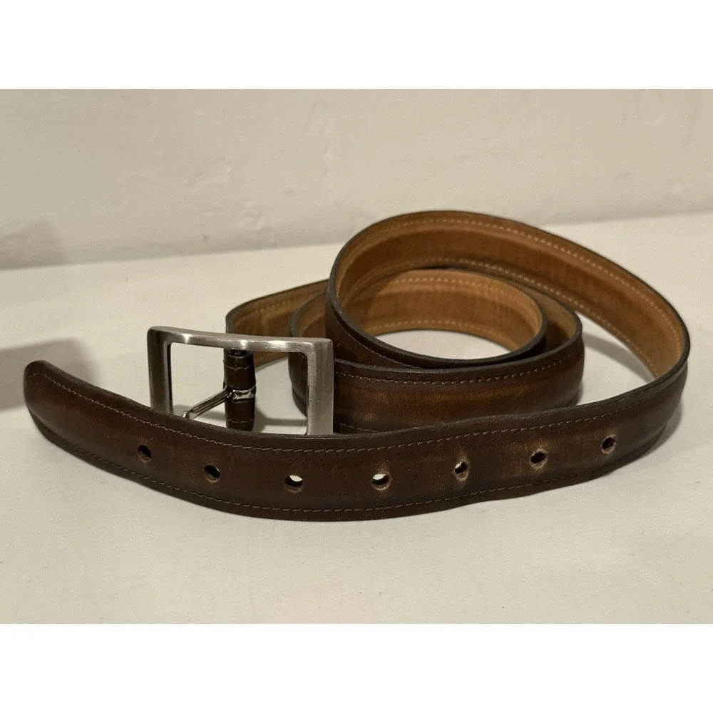 Vintage Brown Leather Dress Belt 38 Men Paneled Casual Silver Large Buckle 45